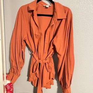HYFVE Rust Button-Up Blouse with Tie Waist